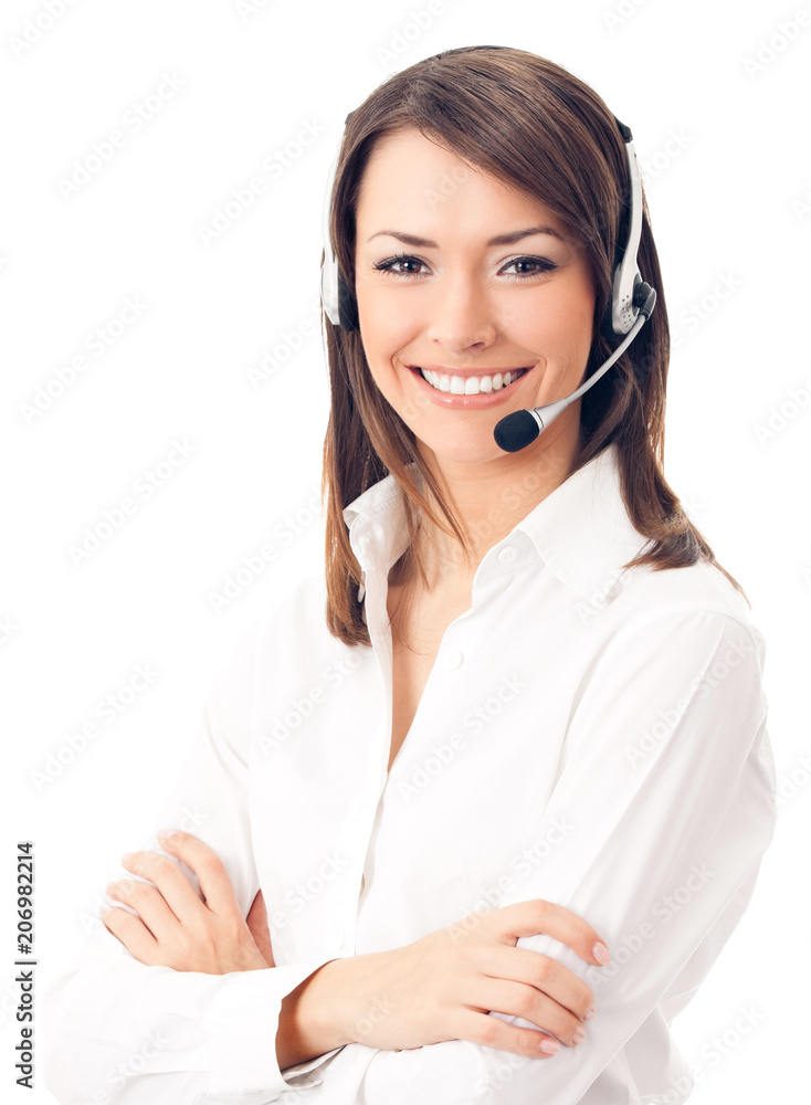 Support phone operator in headset, isolated on white Support phone operator in headset, isolated on white