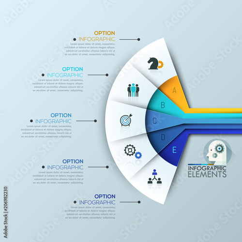 Creative infographic design layout, 5 connected sectoral lettered elements