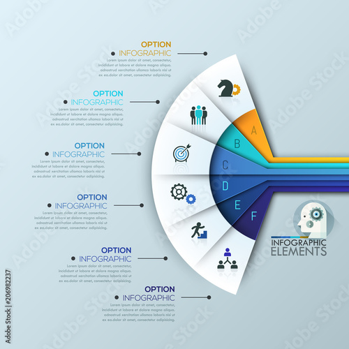 Unusual infographic design template, 6 multicolored sectoral lettered elements