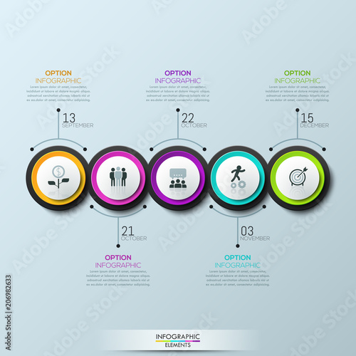 Infographic design layout, 5 multicolored circular elements with pictograms