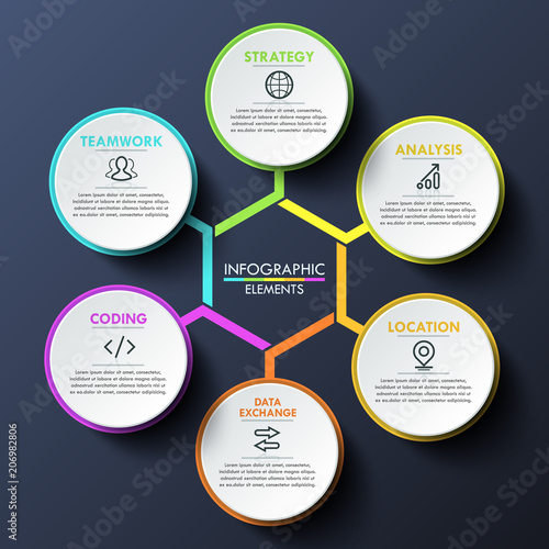 Infographic design template, circular chart with 6 multicolored lettered elements connected with center