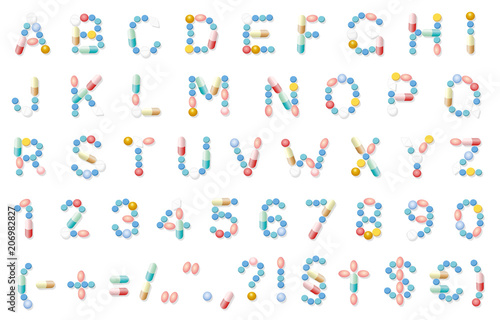 Pills font, medical alphabet letters, pharmaceutical typeface. Isolated vector illustration on white background.