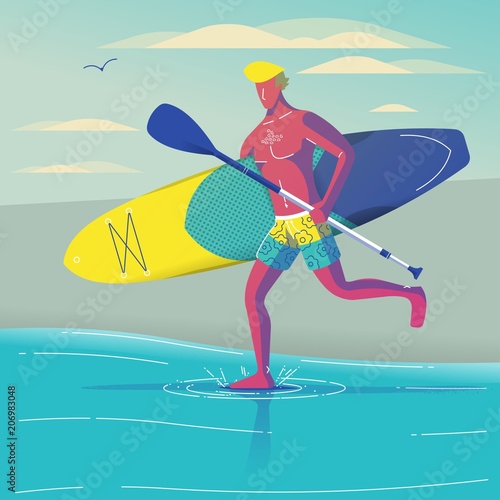 Guy running with surfboard