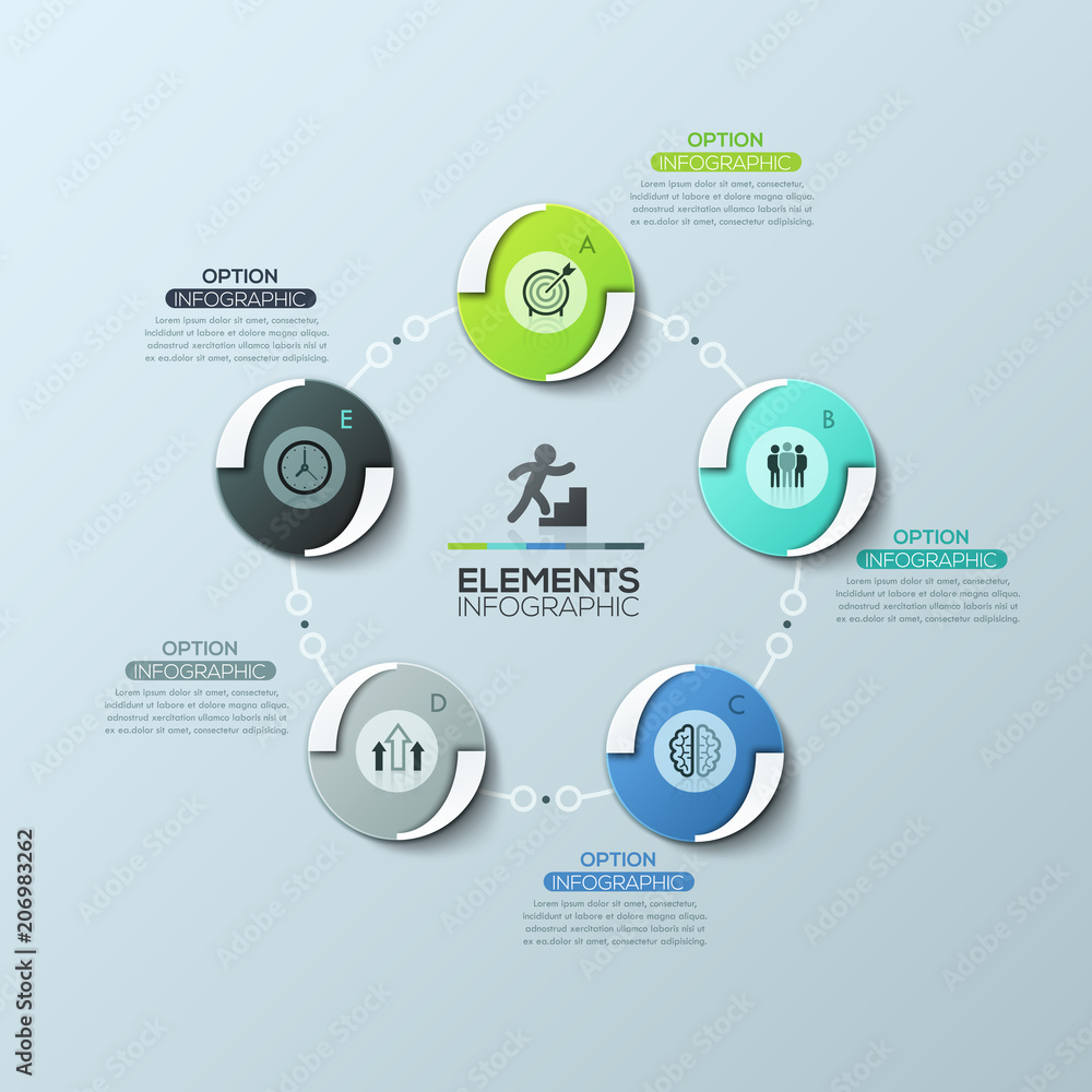 Circular diagram with 5 round elements connected by lines and text boxes, modern infographic design layout.