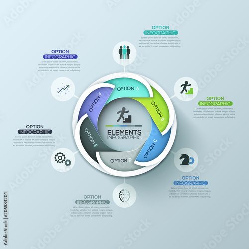 Modern circular infographic design layout with 6 lettered overlapping elements