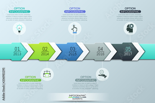 Unique infographic design template, 5 multicolored overlapping arrows with year indication