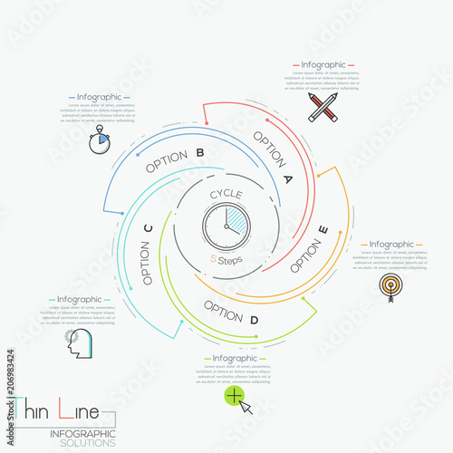 Circular infographic design layout with 5 spiral lettered elements