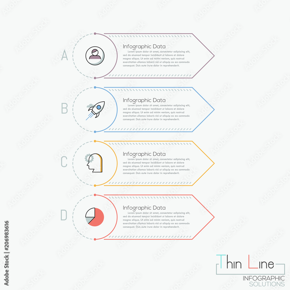 Creative infographic design template. 4 multicolored rectangular elements with letters, pictograms and text boxes Creative infographic design template. 4 multicolored rectangular elements with letters, pictograms and text boxes