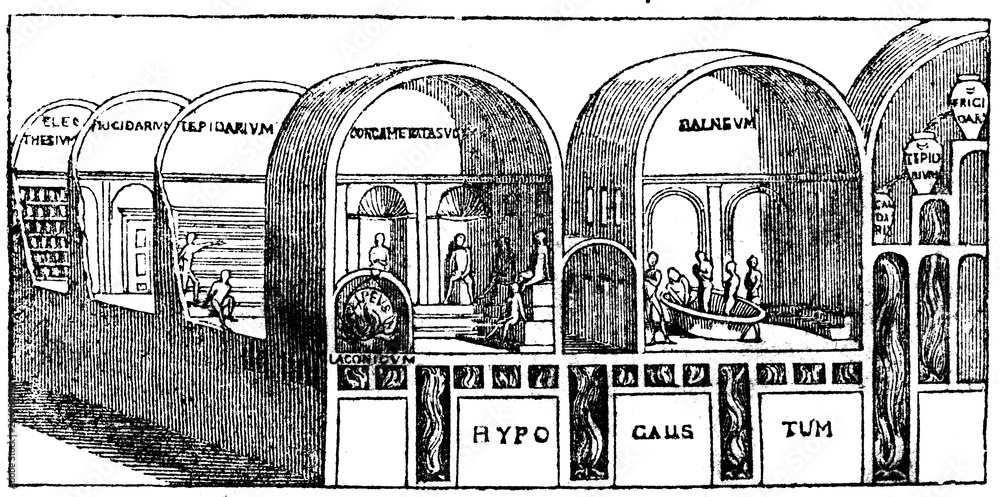 Hypocaust - central heating in a roman bath (from Das Heller-Magazin, May 24, 1834)