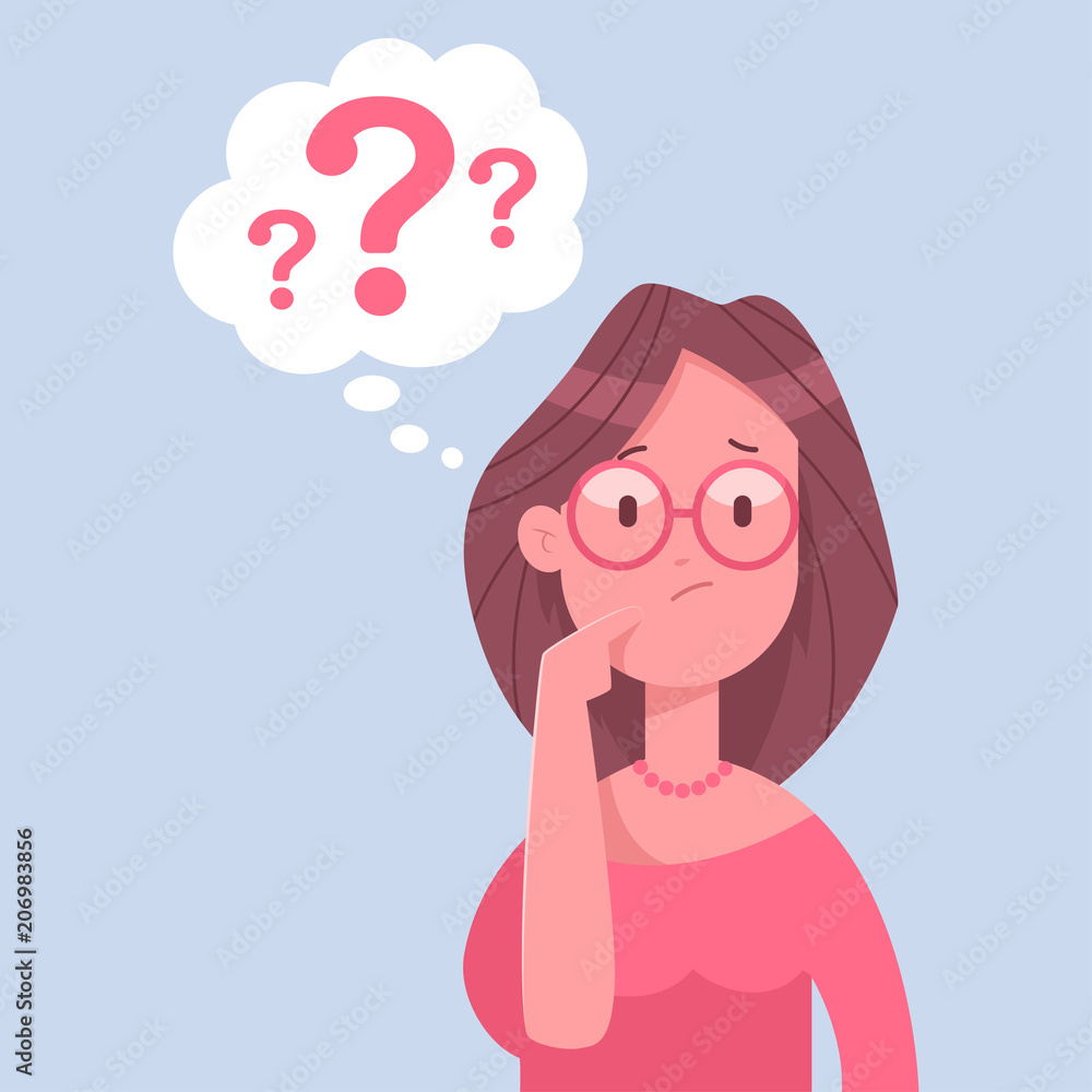 Thinking business woman character. Vector cartoon illustration of a female  with a question mark isolated on white background. Stock Vector | Adobe  Stock