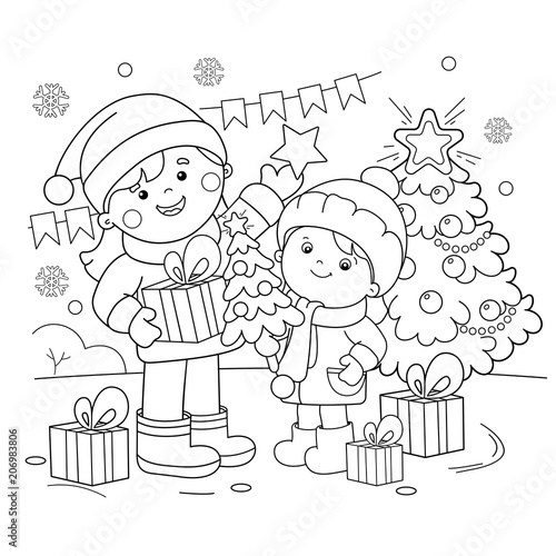 Coloring Page Outline Of children with gifts at Christmas tree. Christmas. New year. Coloring book for kids