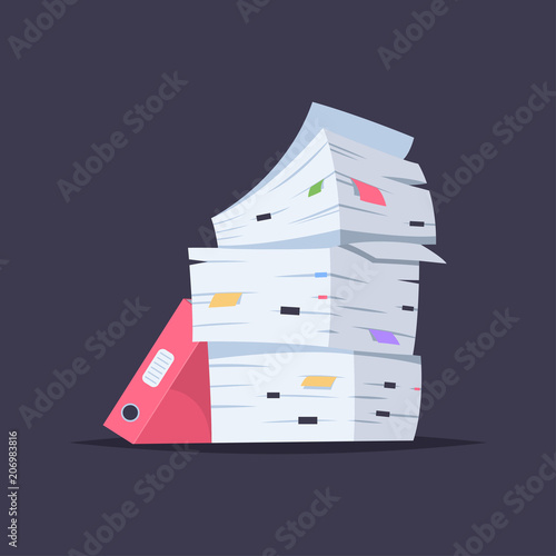 Stack of documents, files and folders. Vector cartoon flat illustration of office paper pile isolated on background.