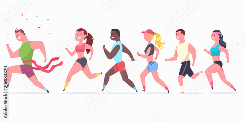 Women and men runners. Athlete people character on the marathon. Winner crosses the finish ribbon. Vector cartoon sport illustration isolated on white background.