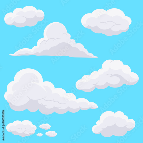 Cartoon clouds in the sky. Vector icons set isolated on blue background.