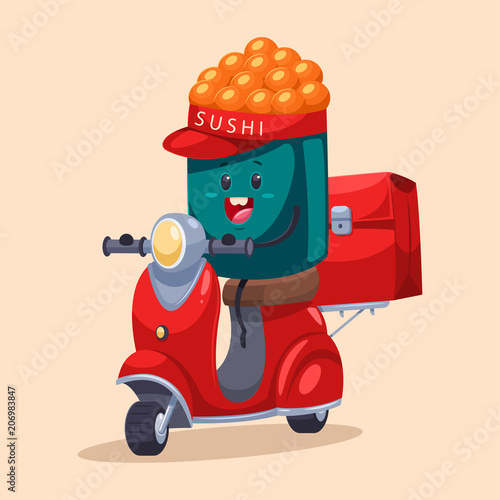 Sushi delivery. Funny food courier character on the scooter with a bag. Vector cartoon illustration isolated on background.