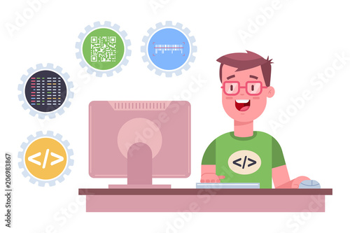 Programmer is working on the software. Vector cartoon flat illustration of a freelance web developer with computer isolated on a white background.