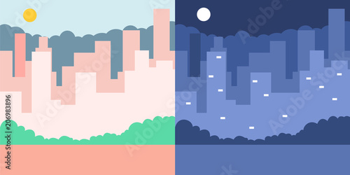 City skyline in day and night. Vector flat illustration of a cityscape with sun and moon.