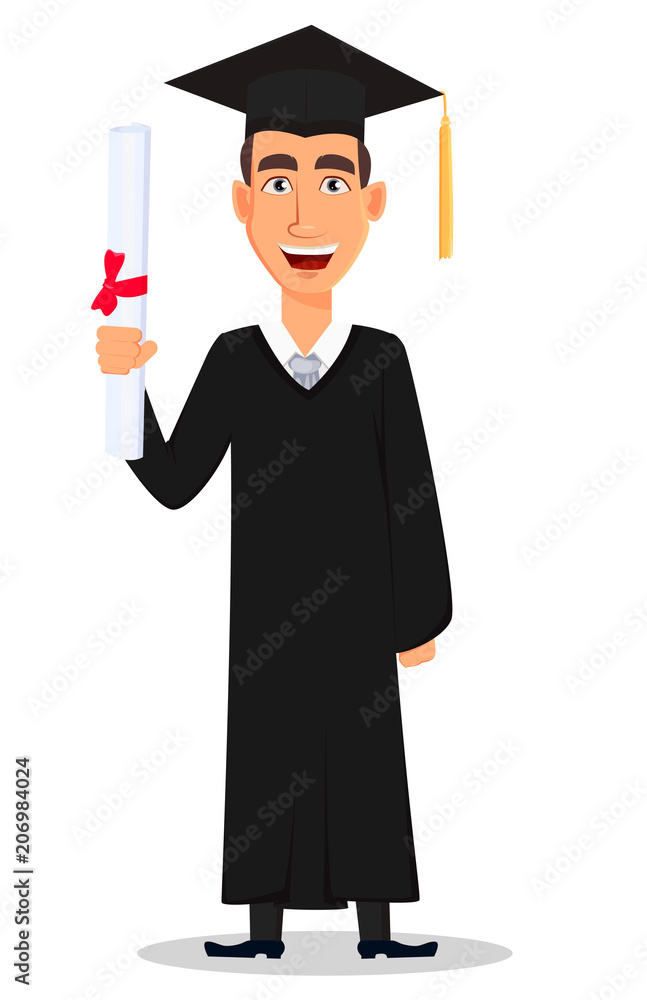Student graduation. Cartoon character with diploma Student graduation. Cartoon character with diploma