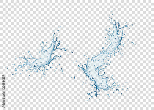 Realistic blue water splash and drops  on transparent background.