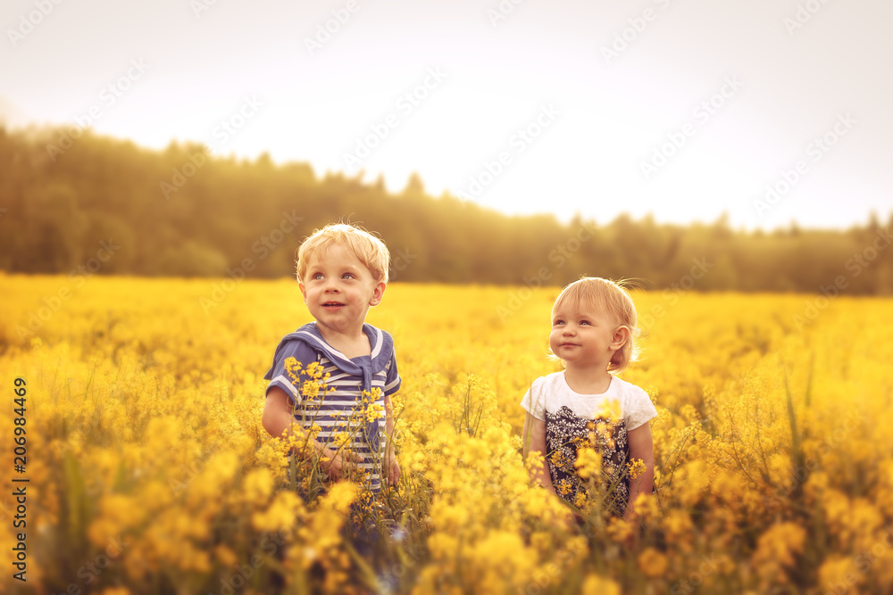 Funny kids in the field at sunset. Funny kids in the field at sunset.