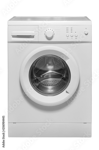A white modern automatic washing machine with a closed hatch is isolated.