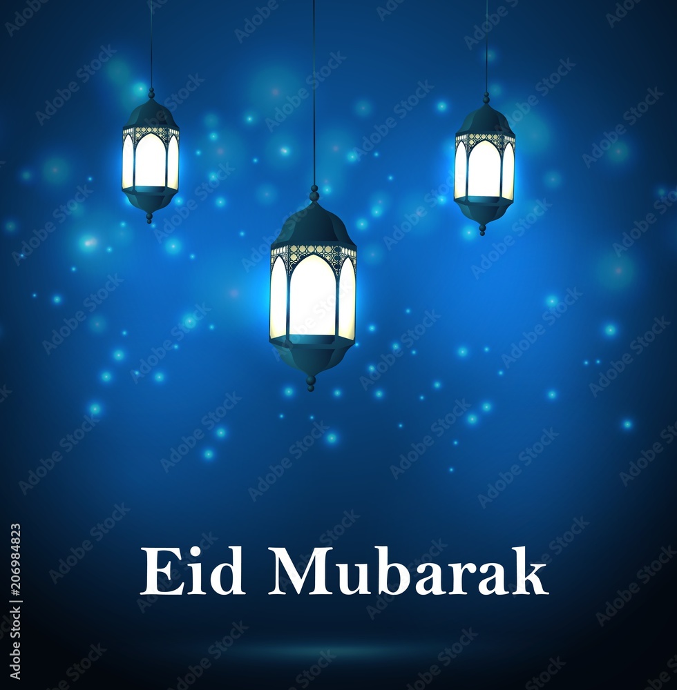 Eid Mubarak Greetings with arabic lanterns in a glowing background ...
