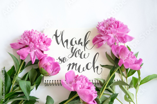 Lettering Thank you so much with pink peonies