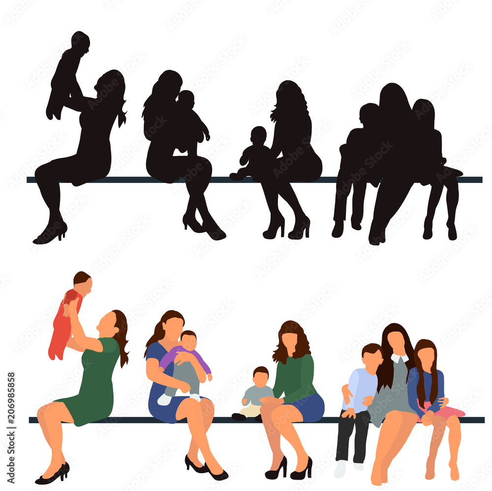  isolated people without faces sitting, mom and baby sitting