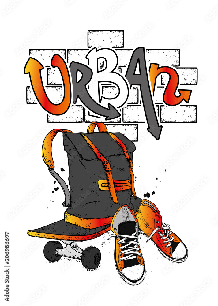 Stylish backpack, skateboard and sneakers. Sports, clothing and accessories. Street style. Vector.