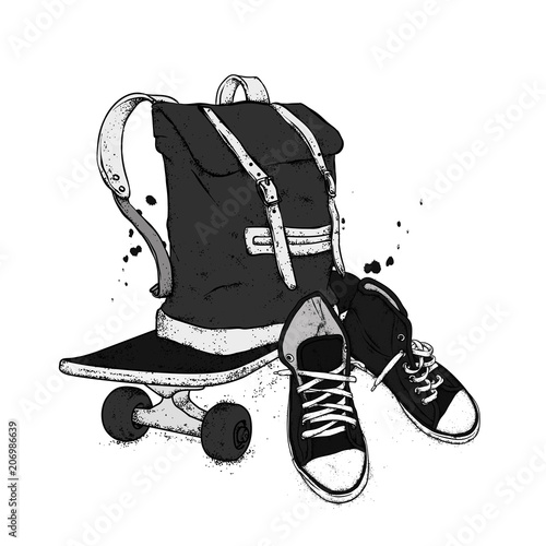 Stylish backpack, skateboard and sneakers. Sports, clothing and accessories. Street style. Vector.