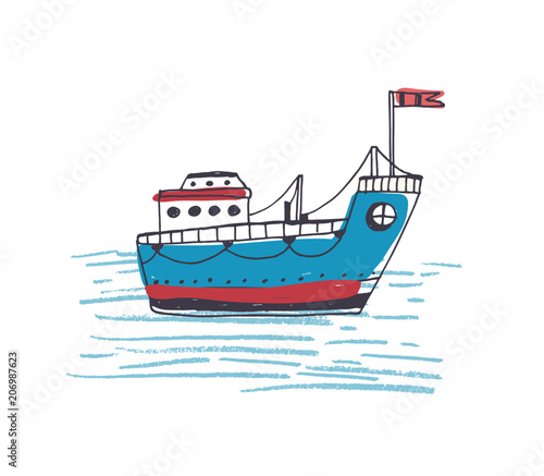 Colorful drawing of passenger ferry boat or marine vessel with flag sailing in sea