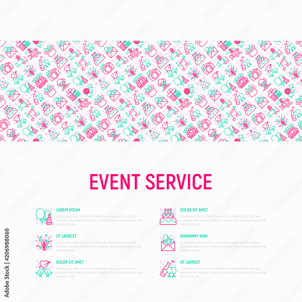 Event services concept with thin line icons: kids party, gifts, birthday, magician, clown, videographer, party invitation, corporate, fireworks, music. Vector illustration, print media template.