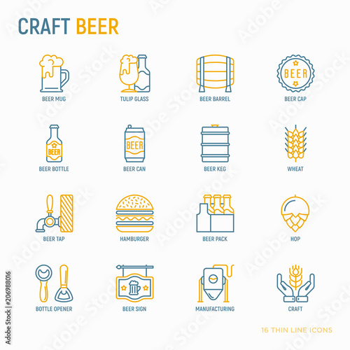 Craft beer thin line icons set related to Octoberfest: beer pack, hop, wheat, bottle opener, manufacturing, brewing, tulip glass, mag with foam, can. Modern vector illustration.