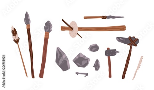 Collection of prehistoric stone tools. Bundle of rock weapons and equipment used by archaic human or caveman for hunting, fire lighting, manual work. Flat cartoon colorful vector illustration.