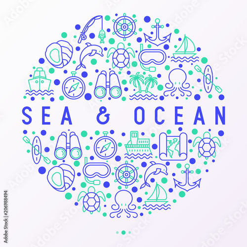 Sea and ocean journey concept in circle with thin line icons: sailboat, fishing, ship, oysters, anchor, octopus, compass, steering wheel, snorkel. Modern vector illustration, print media template