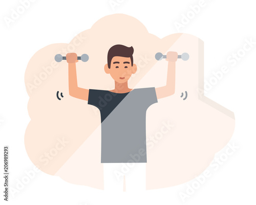 Young smiling man lifting dumbbells