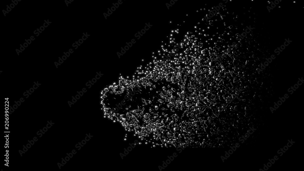 Water drops, splashes, flow, mist,spray, particles in motion on black background. Copy space. Elevtnt for your design.