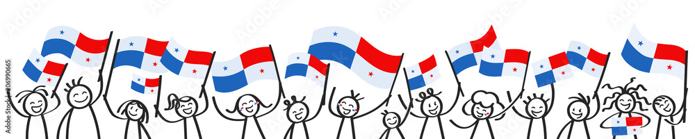 Cheering crowd of happy stick figures with Panamanian national flags, smiling Panama supporters, sports fans isolated on white background