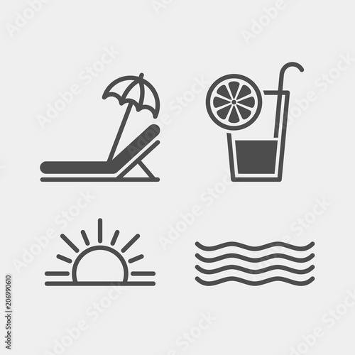 Marine flat vector icons set. Sun, wave, juice, beach chair flat vector icons