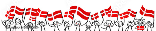 Cheering crowd of happy stick figures with Danish national flags, smiling Denmark supporters, sports fans isolated on white background