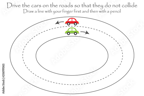 Drive the cars on the road, handwriting practice sheet, kids preschool activity, educational children game, printable worksheet, writing training, vector illustration