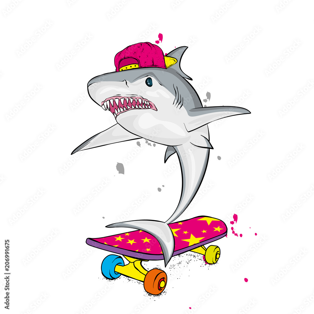 Naklejka premium Stylish skater shark in cap. Skateboard. Vector illustration for a postcard or a poster, print for clothes. Street cultures. Sea, ocean and fish.