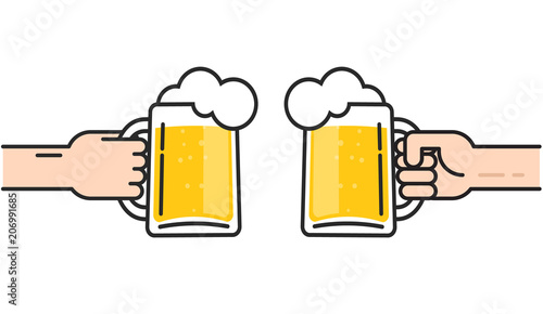 Two friends holding beer glasses with foam cheering, beer in hands toasting, concept of cheering party, flat line art design vector illustration isolated