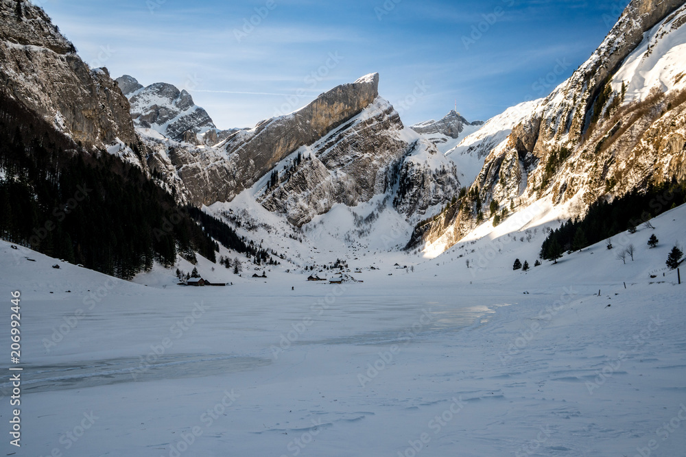 seealpsee, swiss mountains during winter
