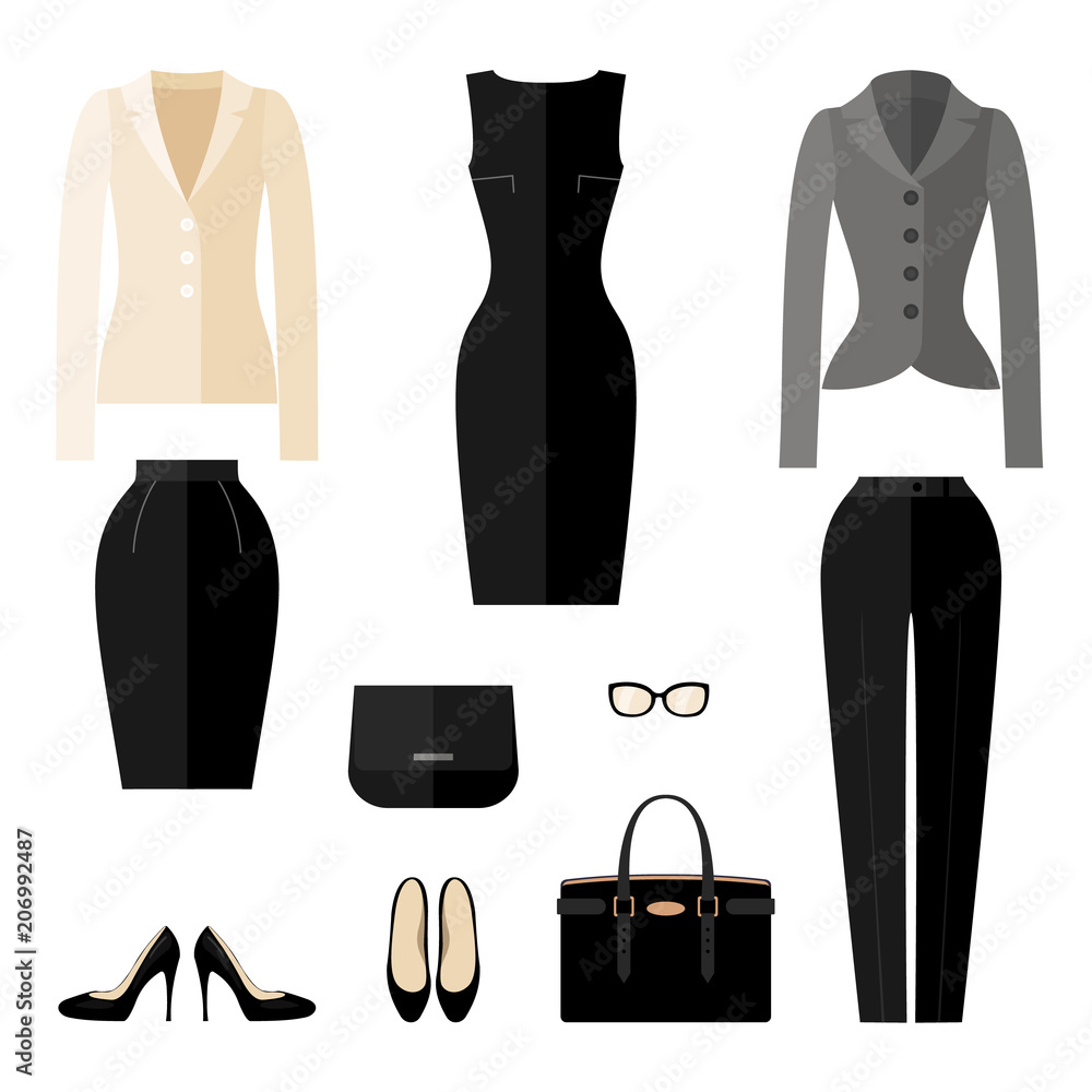 Businesswoman clothes icons in flat style. Businesswoman clothes icons in flat style.