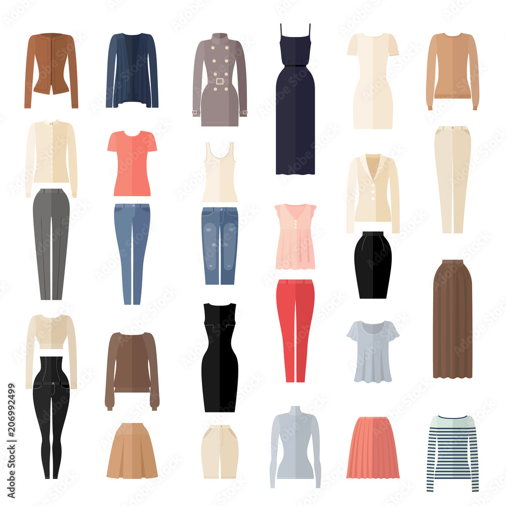 Women Clothes Icons Set in Flat style. Women Clothes Icons Set in Flat style.