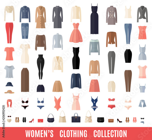 Women Clothes Icons Set in Flat style.