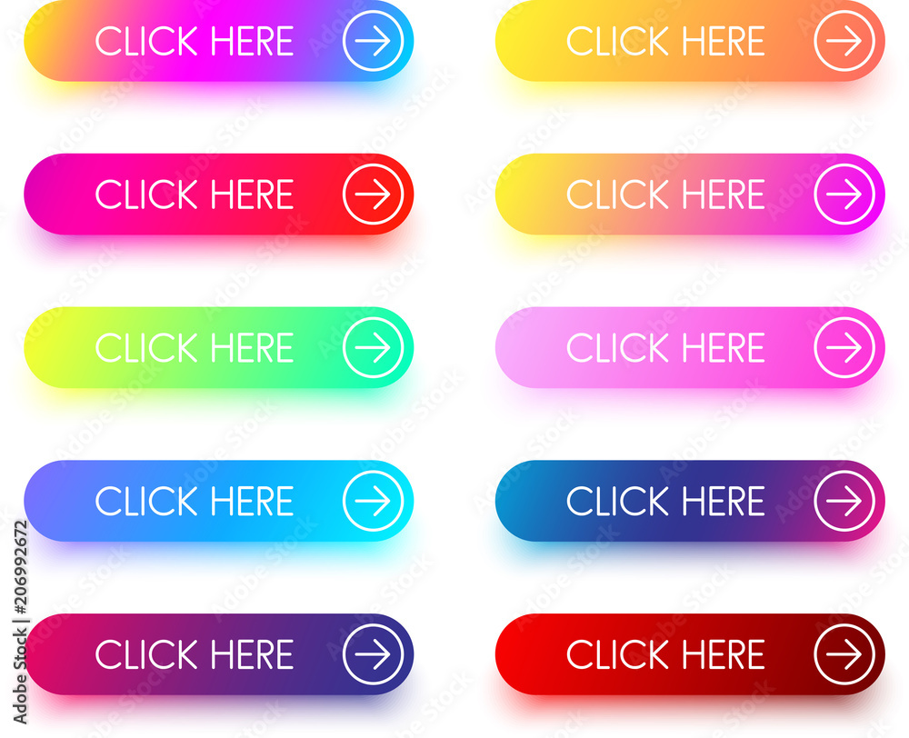 Colorful click here icons with arrow isolated on white. Colorful click here icons with arrow isolated on white.