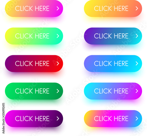 Bright colorful click here icons isolated on white.