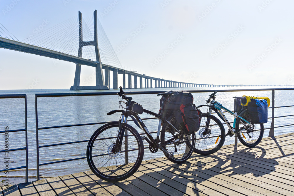 Fototapeta premium Bicycles prepared for travel. Morning, the beginning of the way.